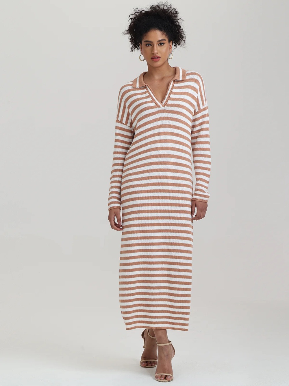 525 America100% Cotton Beige and White Striped Knit Maxi Dress
